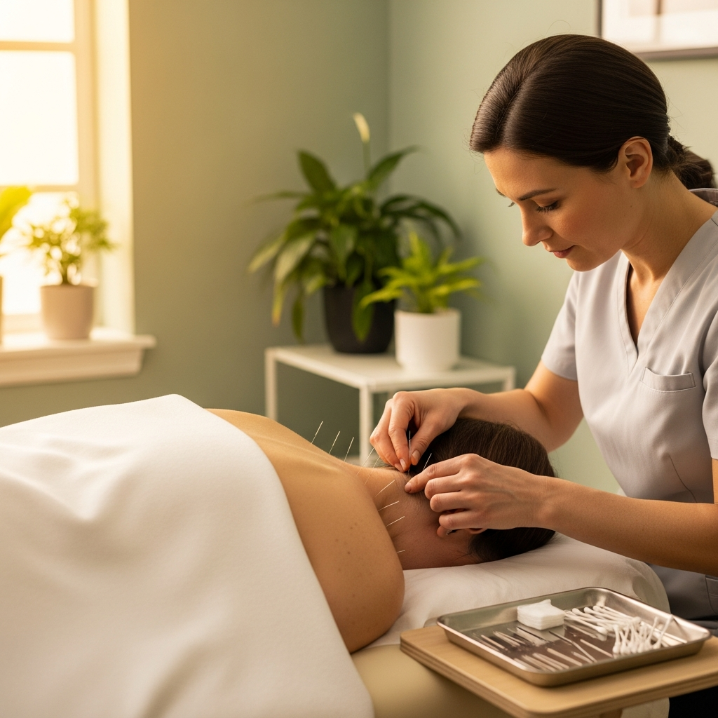 Acupuncture practitioner carefully placing needles along a patient's neck and upper back, serene clinic room with soft sage green accents, warm natural light, calm meditative atmosphere, photorealistic