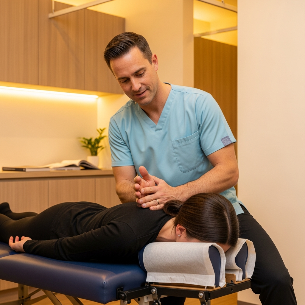 Chiropractor performing precise spinal manipulation on a patient lying on a treatment table, clinical setting with warm lighting, professional and focused, photorealistic, earthy tones, sense of expert care
