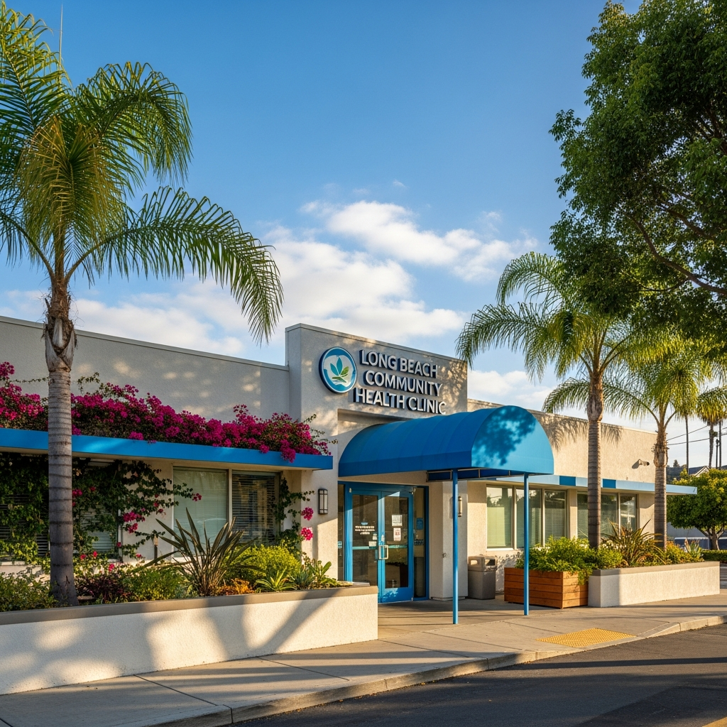 Exterior of a well-established neighborhood health clinic on a sunny Southern California day, low building with signage, leafy trees, welcoming entrance, warm afternoon light, Long Beach California community feel, photorealistic