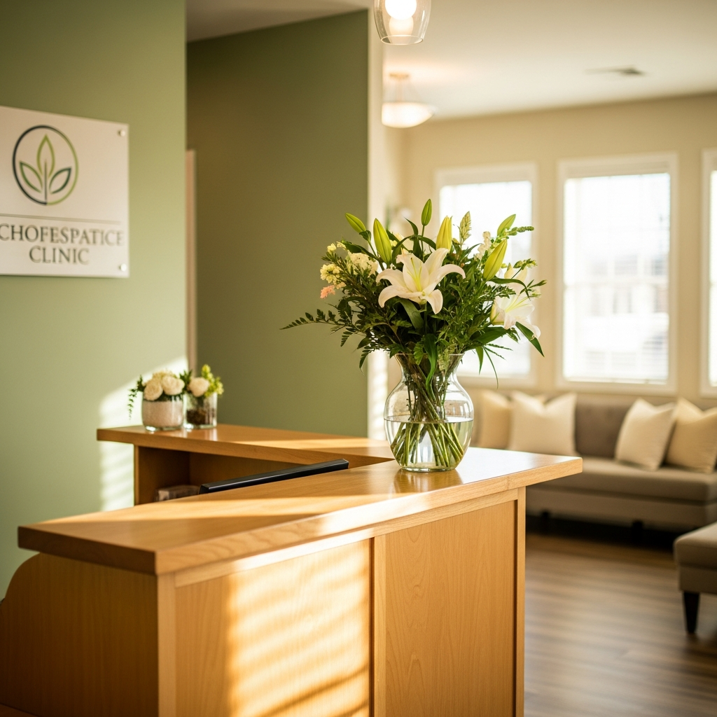 Warm welcoming reception desk of a chiropractic clinic, fresh flowers, clean surfaces, soft natural light through windows, sage green and cream tones, inviting and professional atmosphere, photorealistic