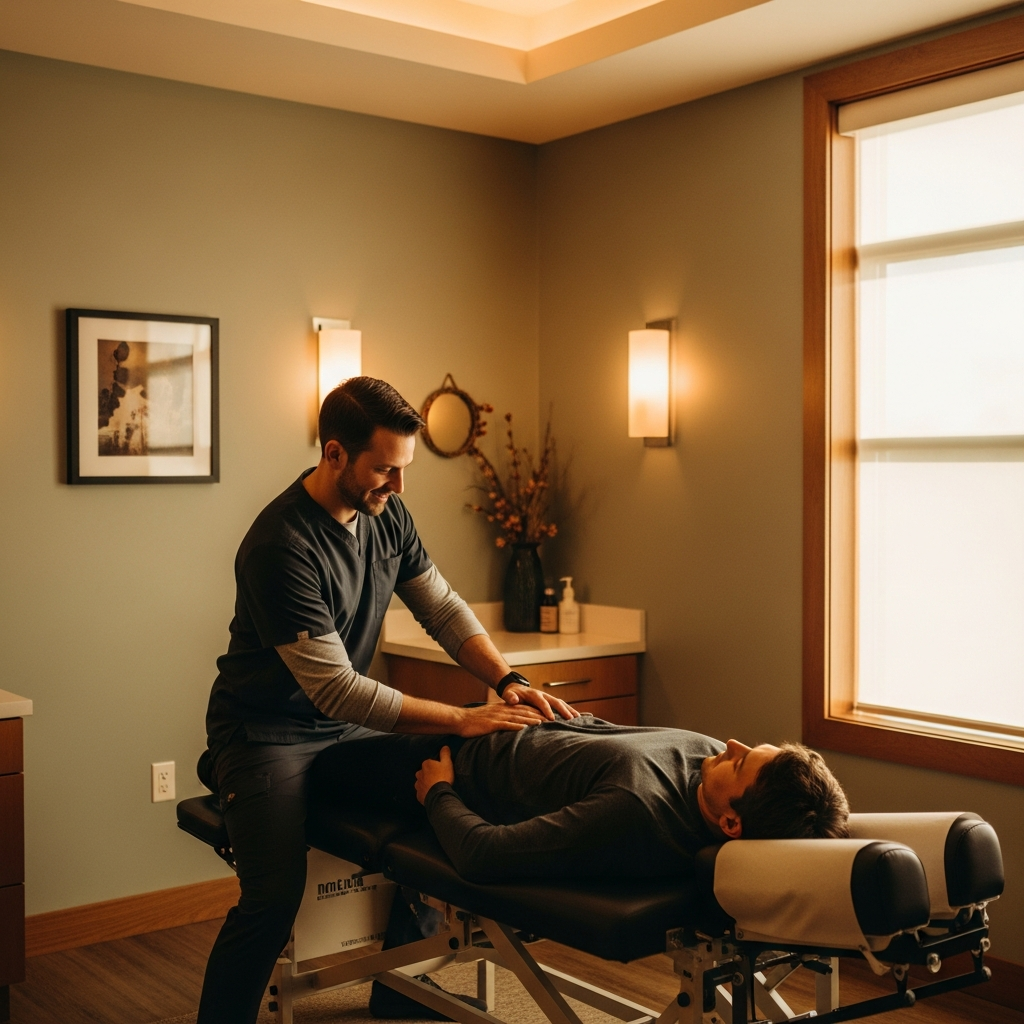 Warm, naturally lit chiropractic treatment room, a welcoming professional adjusting a patient on a padded table, calm sage-green tones, soft window light, clean modern clinic interior, photorealistic, warm amber undertones, shallow depth of field, trust and care