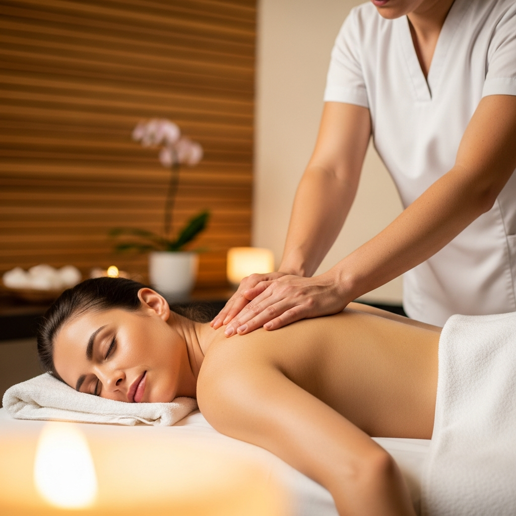 Professional massage therapist working on a patient's shoulders, warm spa-like lighting, clean white linens, peaceful expression on patient's face, natural wood tones in background, photorealistic, relaxation and therapeutic relief