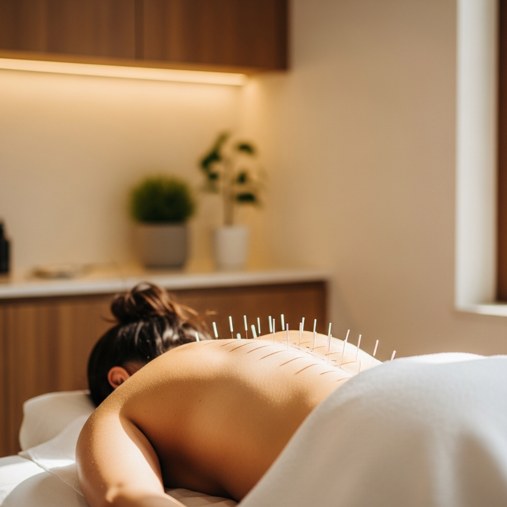 Serene acupuncture treatment with fine needles gently placed on a patient's back, soft natural light, clean clinical setting with warm wood tones, healing atmosphere, photorealistic, calm and restorative mood