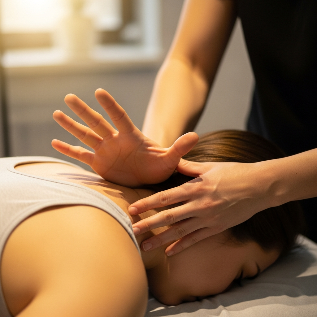 Close-up of skilled hands performing a gentle spinal adjustment on a relaxed patient, warm clinic lighting, professional setting, photorealistic, natural tones, sense of relief and precision
