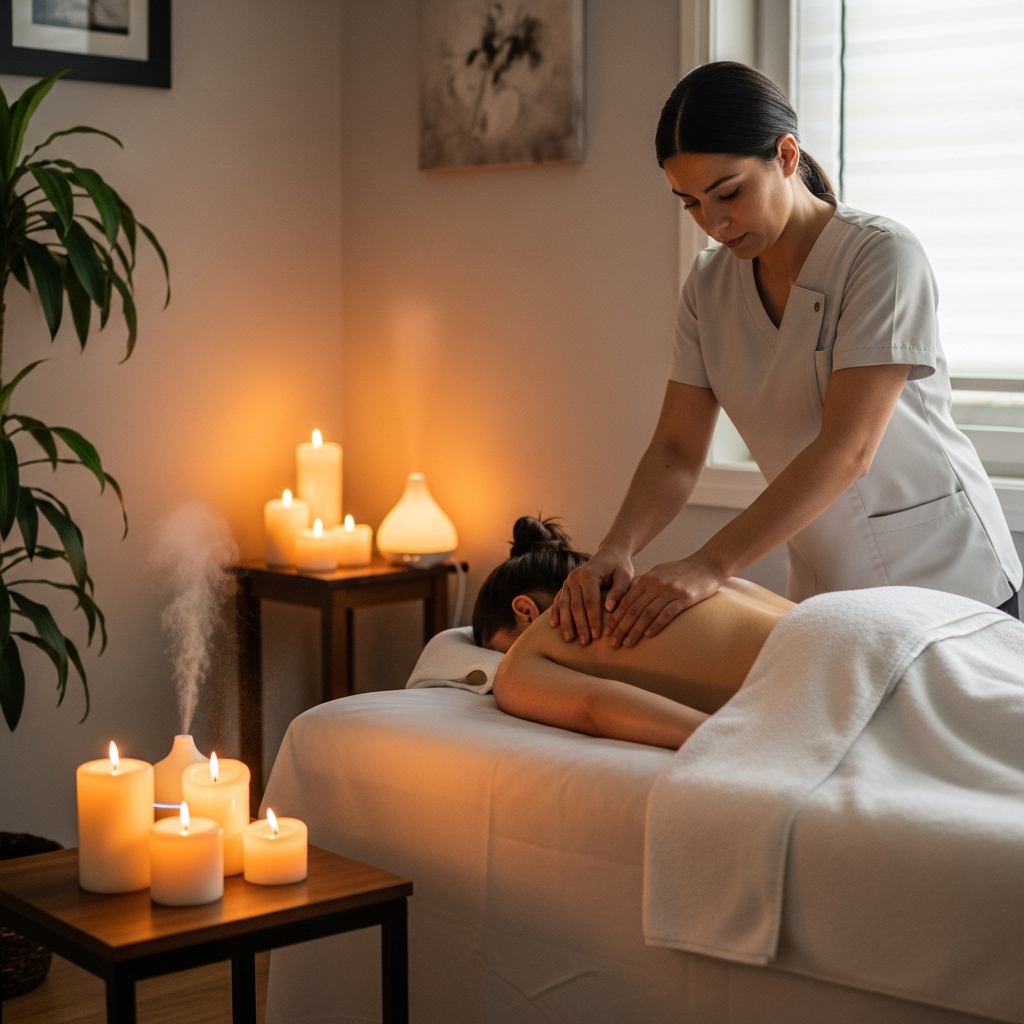 Therapeutic massage therapy session, warm candlelit ambiance, clean white sheets, professional massage therapist at work, relaxed patient, natural light from side window, calming and inviting atmosphere