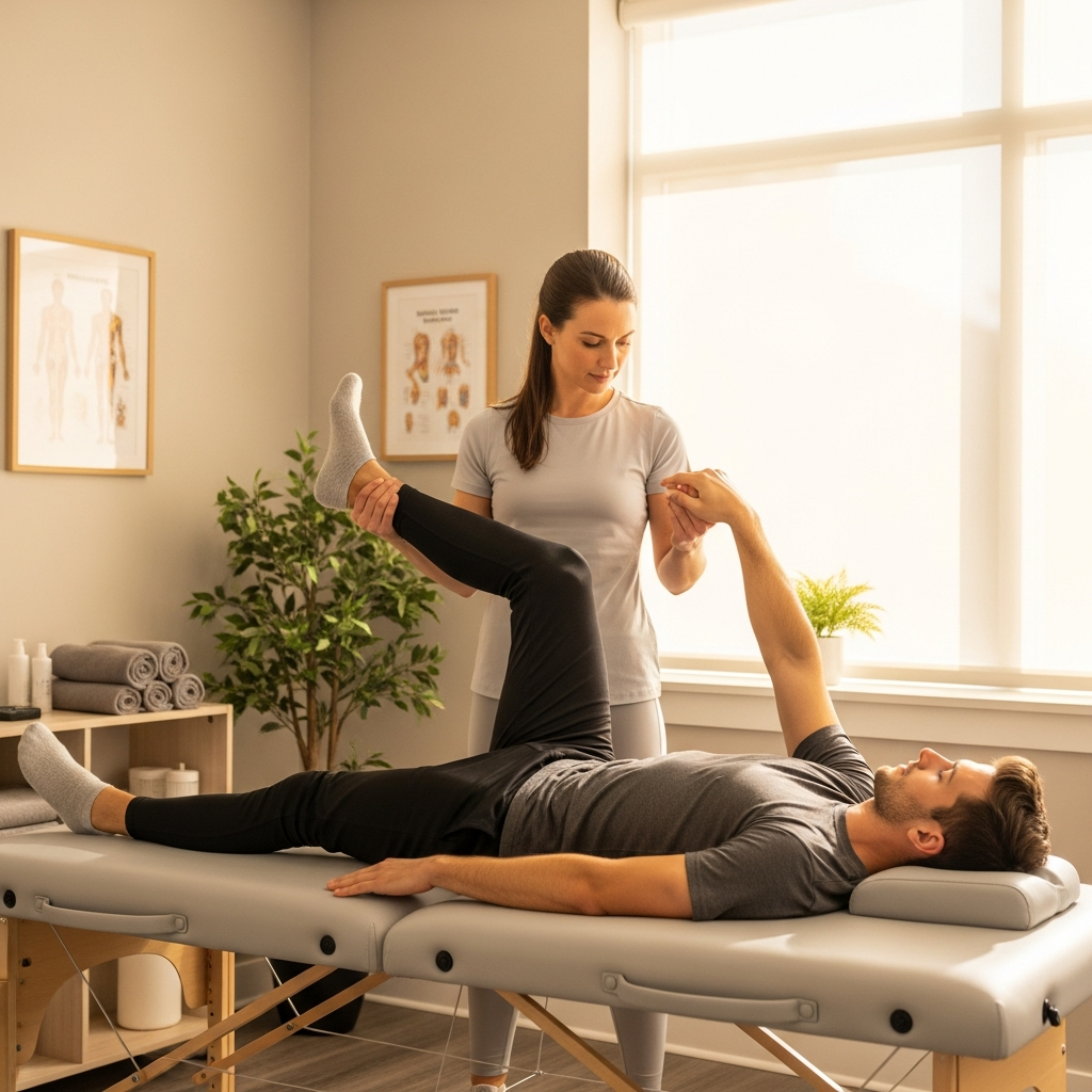 Assisted stretching session with a practitioner guiding a patient through a full leg stretch, bright airy clinic room, professional setting, warm light, sense of recovery and mobility improvement