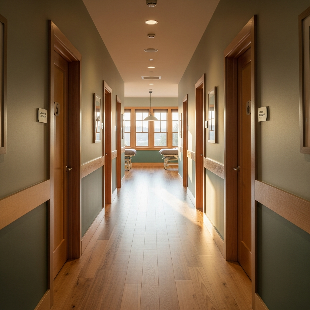 Calm, sunlit holistic wellness clinic hallway with treatment room doors, sage green walls, natural wood accents, warm afternoon light, sense of tranquility and established care, photorealistic