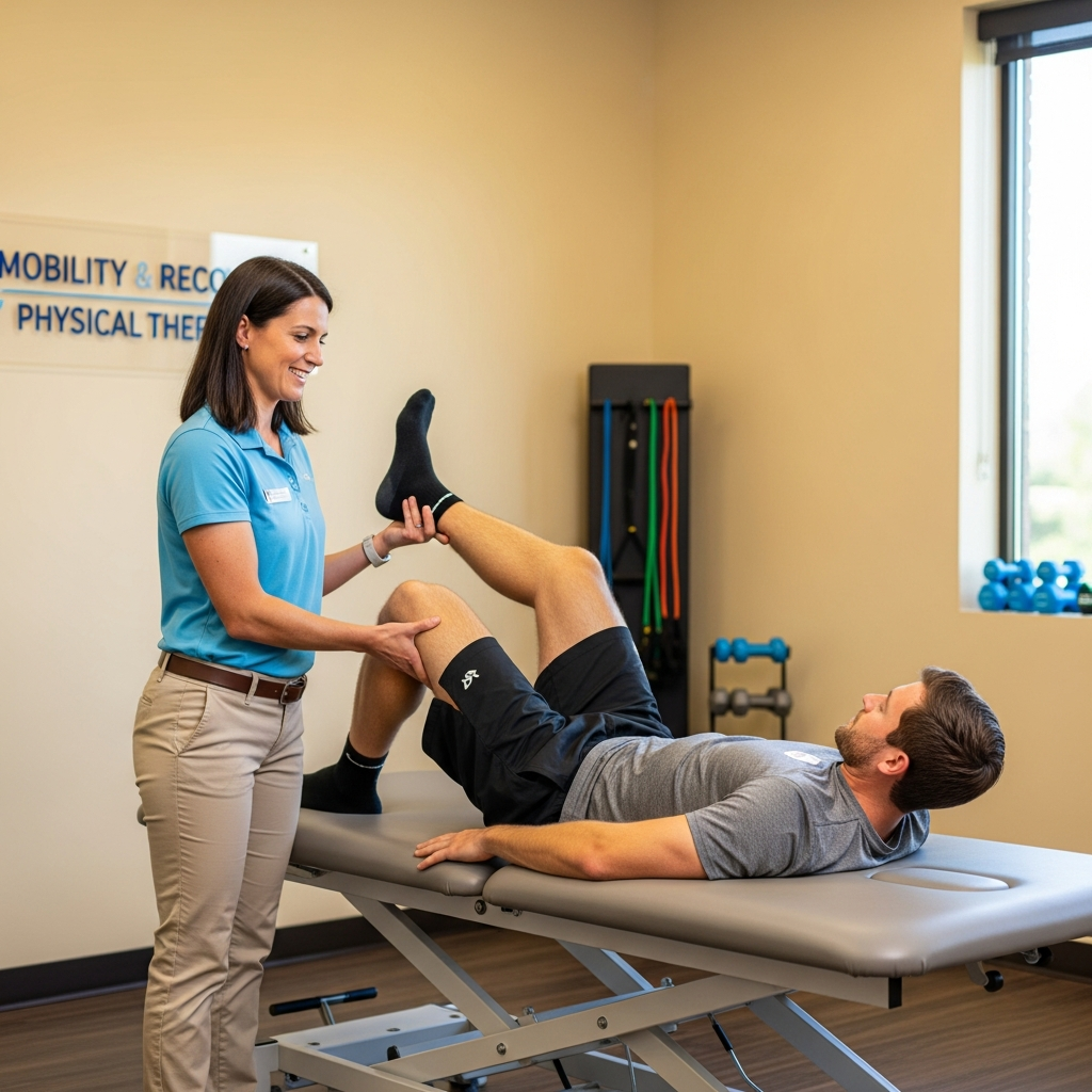 Physical therapy assisted stretching session, practitioner helping patient with a hamstring stretch on a padded table, bright well-lit clinical room, encouraging professional interaction, photorealistic, sense of mobility and recovery